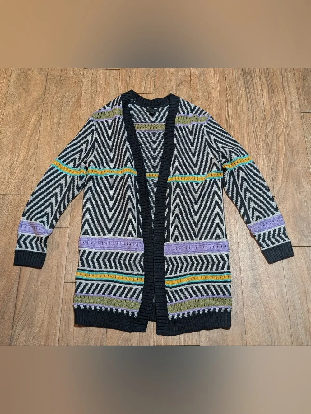 Men's Black & White Chevron Cardigan with Accent Stripes